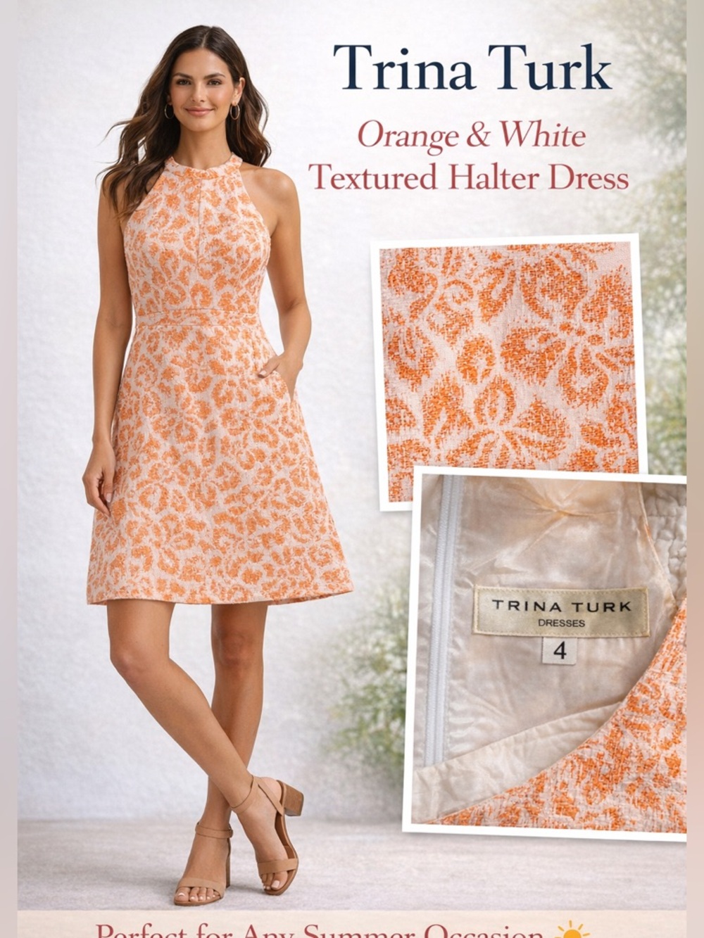 Trina Turk Textured Halter Dress Sz 4 | Orange & White | Summer Occasion